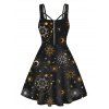 Celestial Sun Moon Galaxy Print Mini Dress Half Zipper Sleeveless Casual Dress - BLACK M