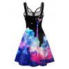 Colorful Galaxy Print Mini Dress Half Zipper Sleeveless A Line Cami Dress - BLACK S