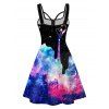 Colorful Galaxy Print Mini Dress Half Zipper Sleeveless A Line Cami Dress - BLACK L