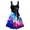 Colorful Galaxy Print Mini Dress Half Zipper Sleeveless A Line Cami Dress - BLACK L