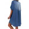 Raglan Sleeve Chambray Shirt Dress Multi Pockets Snap Button Curved Hem Mini Dress - BLUE M