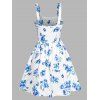 Flower Print Mini Dress Lace Up Sleeveless Ruched Bust High Waist Vacation Dress - LIGHT BLUE S