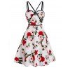 Flower Print Mini Sundress Contrast Piping Crossover Adjustable Strap A Line Dress - WHITE L