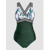 Vacation One-piece Swimsuit Crisscross Striped Flower Leaf Print Swimwear Ruched Padded Bathing Suit - DEEP GREEN L