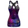 Celestial Sun Moon Star Print Tank Top Butterfly Lace Insert Ruched Surplice O Ring Strap Tank Top - PURPLE XXL