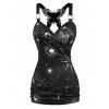 Celestial Sun Moon Star Print Tank Top Butterfly Lace Insert Ruched Surplice O Ring Strap Tank Top - PURPLE XXL