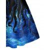 Mini Robe Ligne A Galaxie Pieuvre Imprimée à Demi-Zip sans Manches à Bretelle - Bleu S