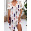 Mini Robe Ligne A Festonnée Panneau en Dentelle à Imprimé Plume Colorée à Col V - Blanc 2XL