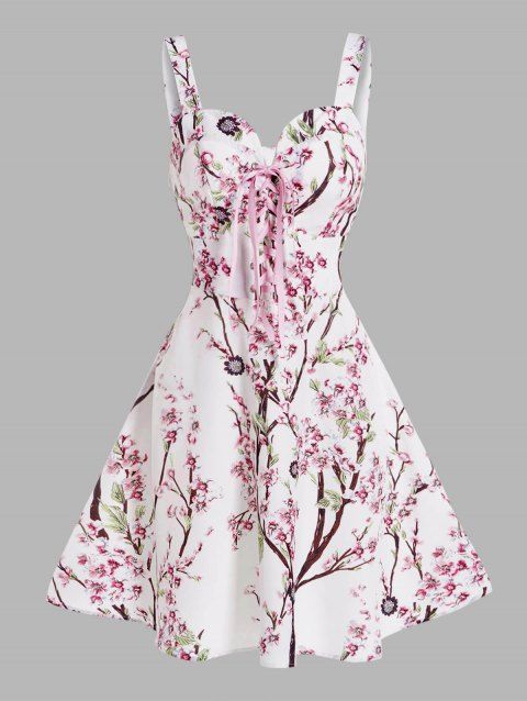 Blossom Peach Flower Allover Sundress Lace Up High Waist Backless Mini Dress