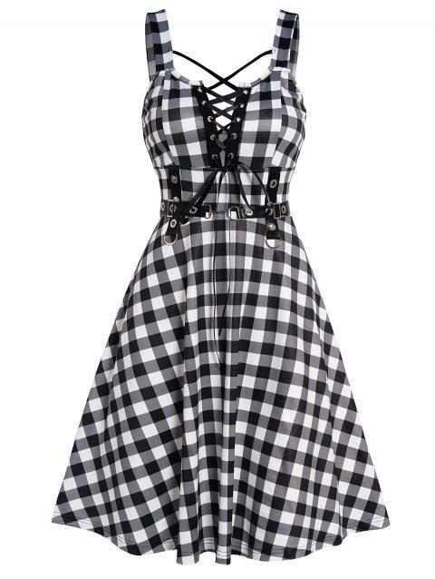 Plaid Print Dress Crisscross Lace Up Grommet High Waisted Sleeveless A Line Mini Dress