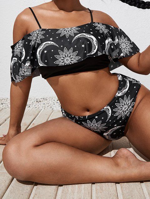 Plus Size Vacation Tankini Swimsuit Celestial Moon Flower Star Print Swimwear Flounce Bathing Suit