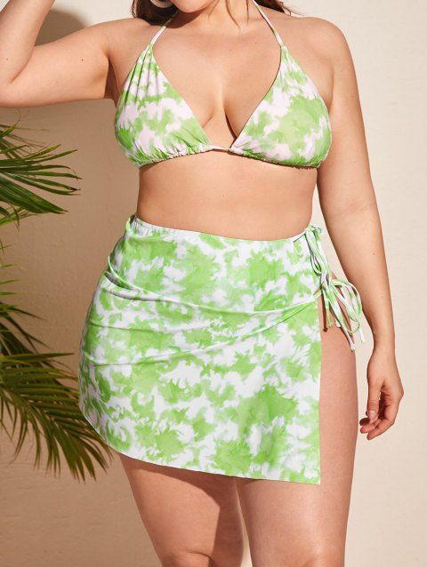 Plus Size Halter Three Piece Bikini Swimsuit Tie Dye Print Swim Skirt Bikini Swimwear Padded Beach Bathing Suit