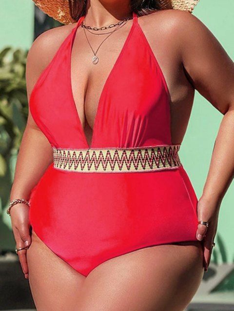 Plus Size One-piece Swimsuit Zig Zag Embriodery Halter Swimwear Backless Vacation Bathing Suit