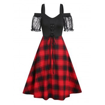 

Plaid Pattern Knee Length A Line Dress Lace Up Sheer Lace Puff Sleeve Cold Shoulder High Waist Summer Dress, Black