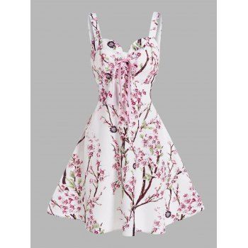 

Blossom Peach Flower Allover Sundress Lace Up High Waist Backless Mini Dress, White