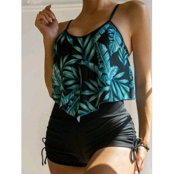 

Vacation Tankini Swimsuit Leaf Print Swimwear Asymmetrical Hem Cinched Boyshorts Summer Bathing Suit, Black