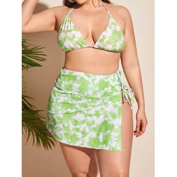 

Plus Size Halter Three Piece Bikini Swimsuit Tie Dye Print Swim Skirt Bikini Swimwear Padded Beach Bathing Suit, Light green