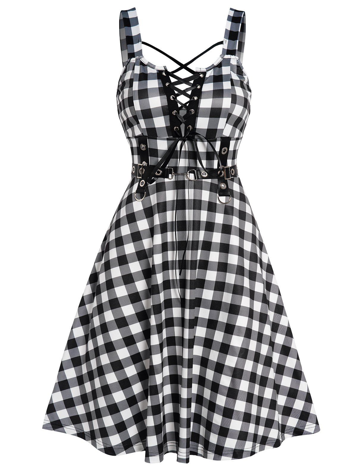 Plaid Print Dress Crisscross Lace Up Grommet High Waisted Sleeveless A Line Mini Dress - BLACK M