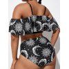 Plus Size Vacation Tankini Swimsuit Celestial Moon Flower Star Print Swimwear Flounce Bathing Suit - BLACK 1XL