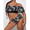 Plus Size Vacation Tankini Swimsuit Celestial Moon Flower Star Print Swimwear Flounce Bathing Suit - BLACK 1XL
