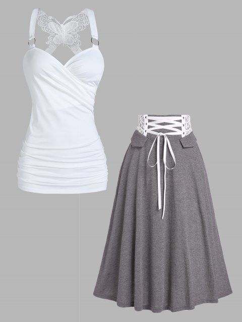 Ruched Butterfly Lace Cross O Ring Surplice Tank Top And Heather Lace Up A Line Midi Skirt Casual Outfit