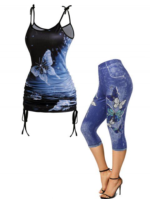 Glitter Butterfly Print Cinched Bowknot Shoulder Strap Long Tank Top And 3D Butterflies Print Capri Jeggings Outfit