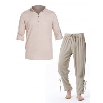 

Textured Half Button Stand Collar Roll Up Sleeve Curved Hem Shirt And Lace Up Drawstring Waist Straight Leg Long Pants Outfits, Light coffee