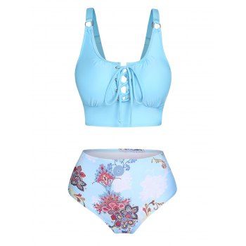 

Lace Up Vacation Swimsuit Flower Print Padded Strap Summer High Waist Tankini Swimwear, Light blue