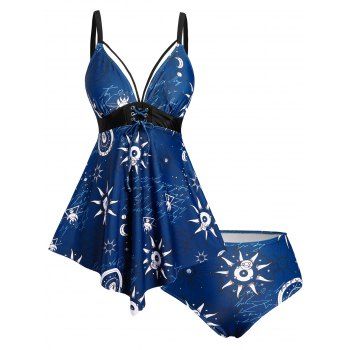 

Modest Sun Printed Lace Up Empire Waist Plunge Asymmetrical Hem Tummy Control Tankini Swimsuit, Deep blue