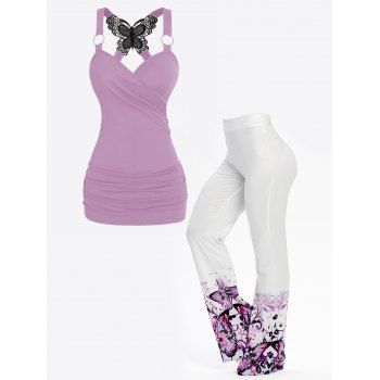 

Ruched Butterfly Lace O Ring Tank Top And Butterfly Print Straight Wide Leg Casual Pants Outfit, Multicolor