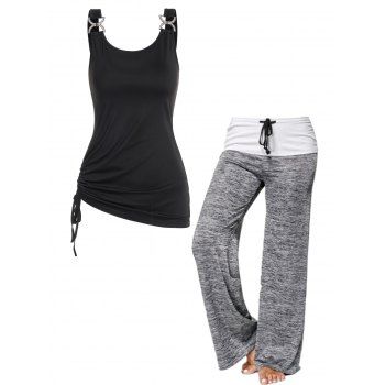 

Rhinestone D Ring Cinched Tank Top And Colorblock Heather Drawstring Long Wide Leg Pants Casual Outfit, Multicolor