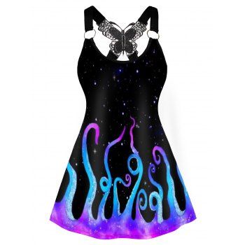 

Galaxy Octopus Print Tank Top Butterfly Lace Insert O Ring Casual Summer Tank Top, Black