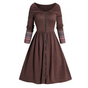 

Tribal Pattern Panel Mini Knit Dress Zip Up Front Foldover A Line Knitted Dress, Deep coffee