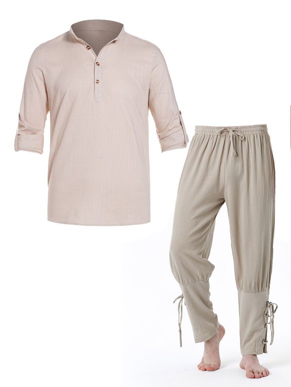 Ensemble de Chemise Texturée Courbe à Manches Roulées et Pantalon à Jambe Droite à Lacets Taille à Cordon - café lumière M
