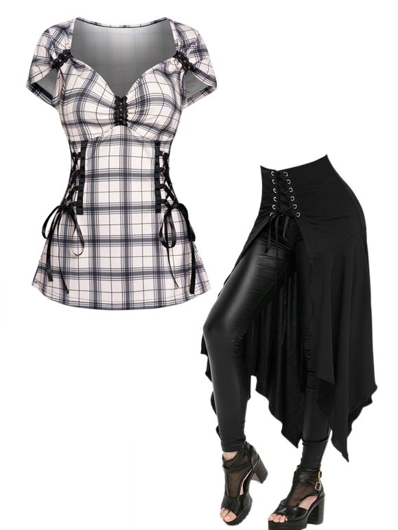 Ensemble Décontracté de Jupe Mi-Longue Mouchoir à Lacets et T-shirt Embellie de Rivet à Carreaux Col en Cœur - multicolor S