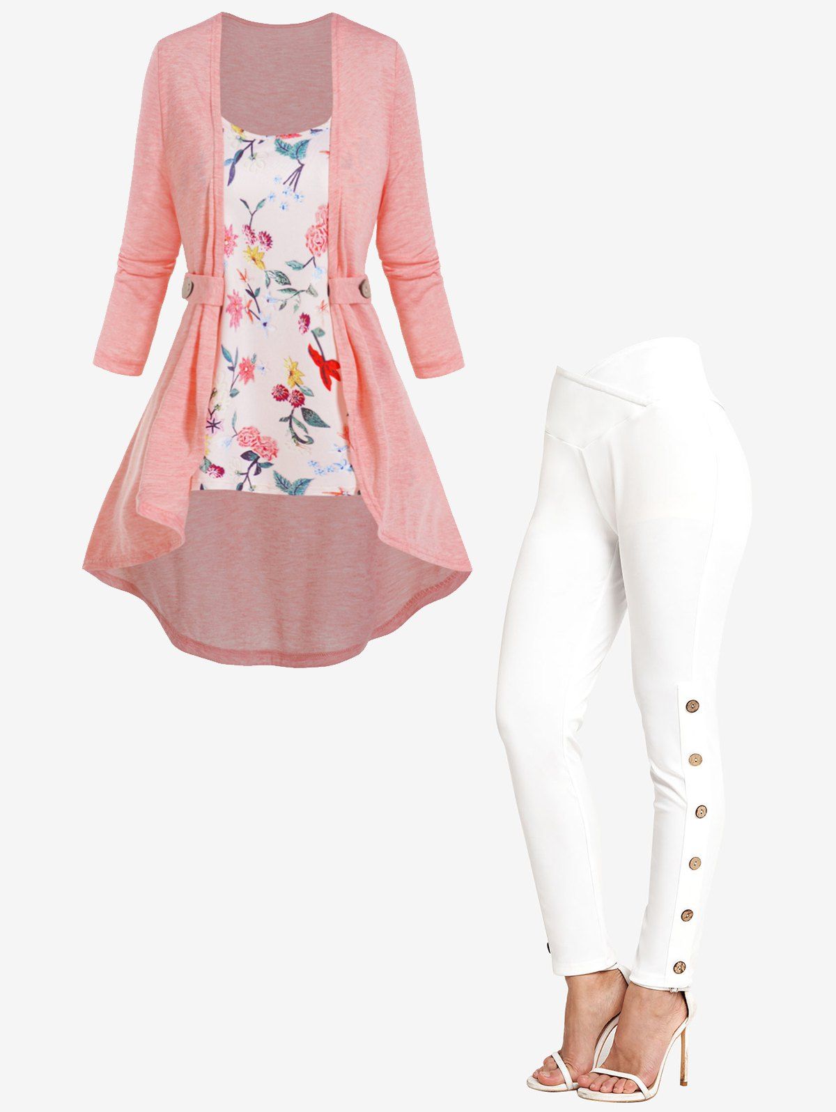 High Low Flower Print Mock Button Long Sleeve Tops And Crossover Elastic Waist Leggings Outfit - multicolor S