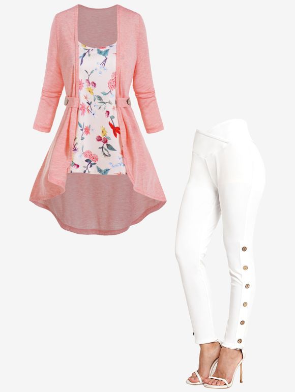 Ensemble de Top Haut Bas à Imprimé Fleur à Manches Longues avec Faux Bouton et Legging Croisé à Taille Elastique - multicolor S