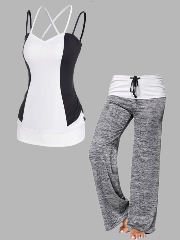Ensemble de Débardeur Long Bicolore à Bretelle Ajustable Croisé et Pantalon en Blocs de Couleurs à Jambe Large - multicolor S