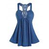 Heart Crochet Lace Panel Racerback Chain Cut Out Ruched Tank Top And Low Rise Destroyed Flare Jeans Casual Outfit - BLUE S