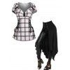 Plaid Rivet Embellished Sweetheart Neck T Shirt And Lace Up Open Front Irregular Handkerchief Midi Skirt Casual Outfit - multicolor S