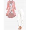 High Low Flower Print Mock Button Long Sleeve Tops And Crossover Elastic Waist Leggings Outfit - multicolor S
