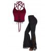 Contrast Crossover Halter Lace Up Cropped Top And Flower Lace Panel Skirted Flare Pants Casual Outfit - multicolor S