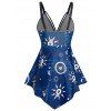 Modest Sun Printed Lace Up Empire Waist Plunge Asymmetrical Hem Tummy Control Tankini Swimsuit - DEEP BLUE S