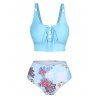 Lace Up Vacation Swimsuit Flower Print Padded Strap Summer High Waist Tankini Swimwear - LIGHT BLUE XXXL