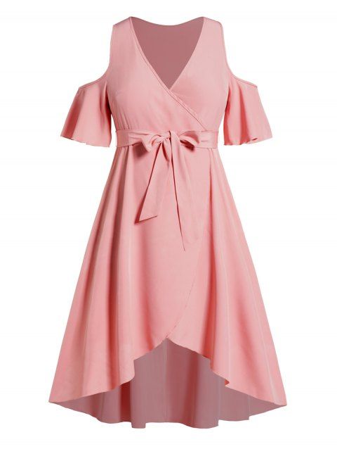 Plus Size & Curve Dress Cold Shoulder High Low Dress Surplice Plunge Belted Overlap Midi Dress
