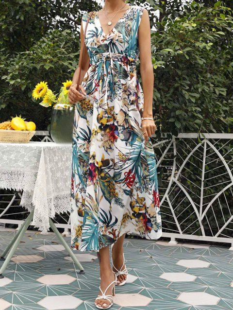 Tropical Flower Leaf Print Vacation Dress Plunge Drawstring High Waist Midi Beach Dress
