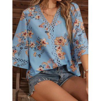 

Flower Print Cottagecore Blouse Hollow Out Lace Panel V Neck Casual Blouse, Blue