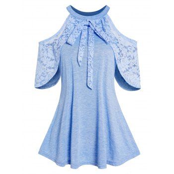 

Cold Shoulder Lace Bowknot Top Short Sleeve Round Neck Casual Top, Light blue