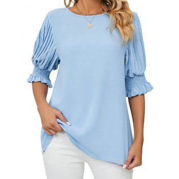 

Pleated Half Sleeve Blouse Solid Color Keyhole Casual Blouse, Light blue