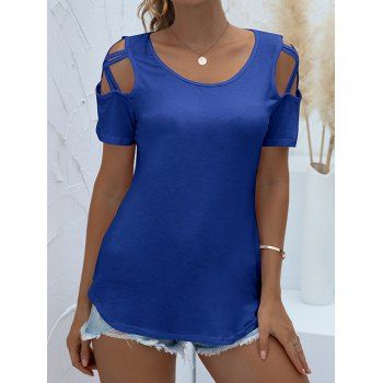 

Cold Shoulder Crisscross Short Sleeve T-shirt Solid Color Curved Hem Casual Tee, Blue